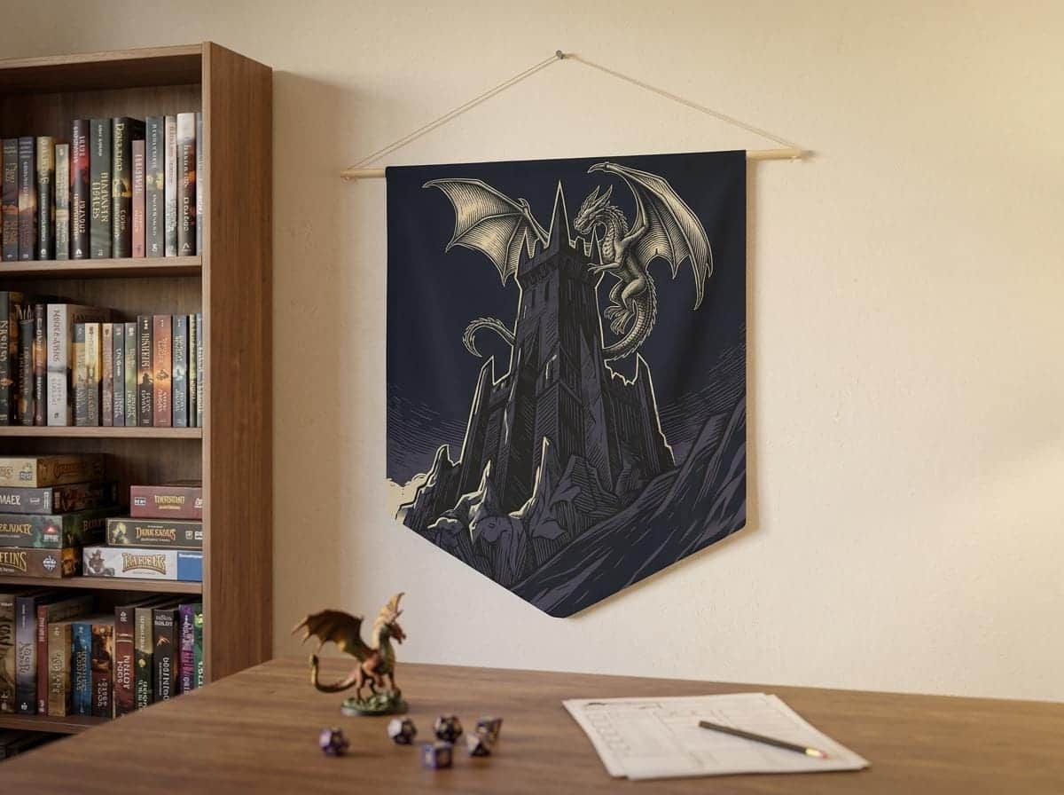 Photo 4 of 7: Triangular gothic wall banner featuring a towering obsidian fortress framed by celestial heraldry, shown on a game room wall