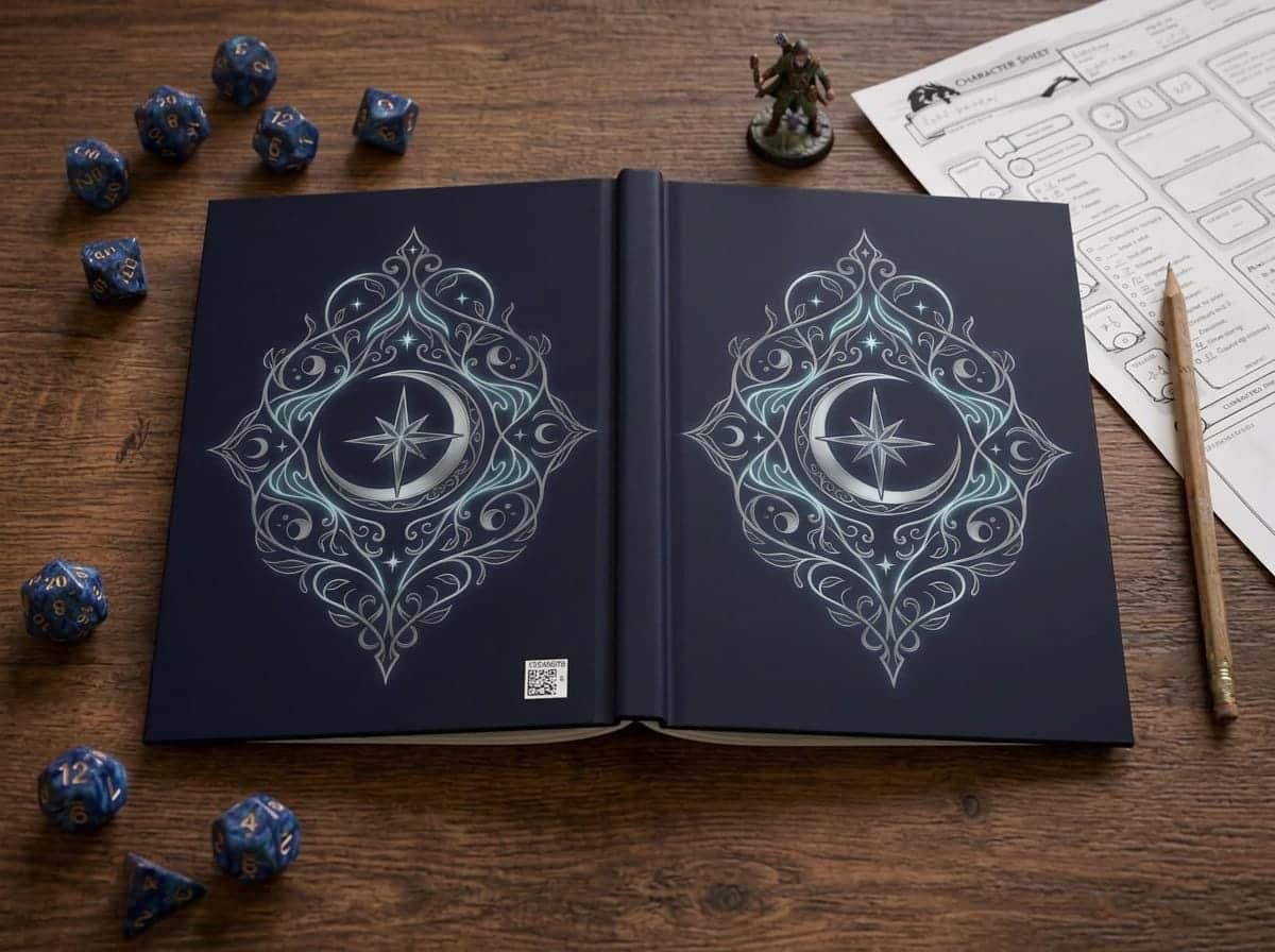 Photo 5 of 12: Hardcover campaign notebook designed as an in-world ancient elven tome cover, shown on the game table among dice and character sheets