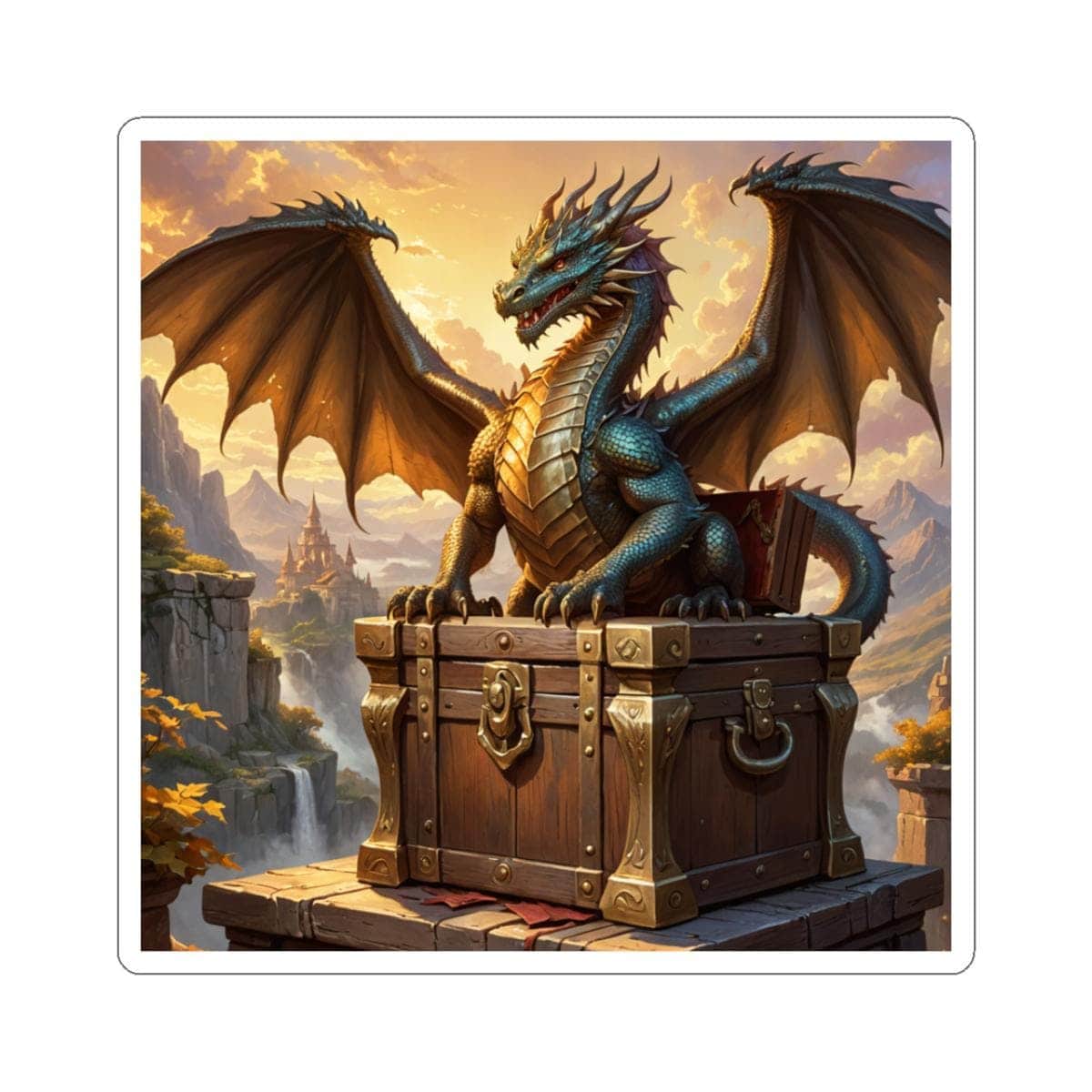 Photo 1 of 4: Epic fantasy sticker features a dragon perched atop a treasure chest, overlooking a castle and mountainous landscape with a waterfall
