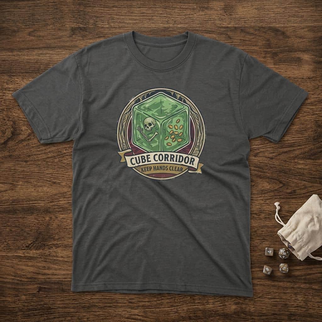 Photo 3 of 13: Vintage national park warning graphic tee featuring tabletop gaming's iconic translucent dungeon ooze alongside a deadpan caution sign for adventurers who touch strange corridor walls, shown laid flat among dice