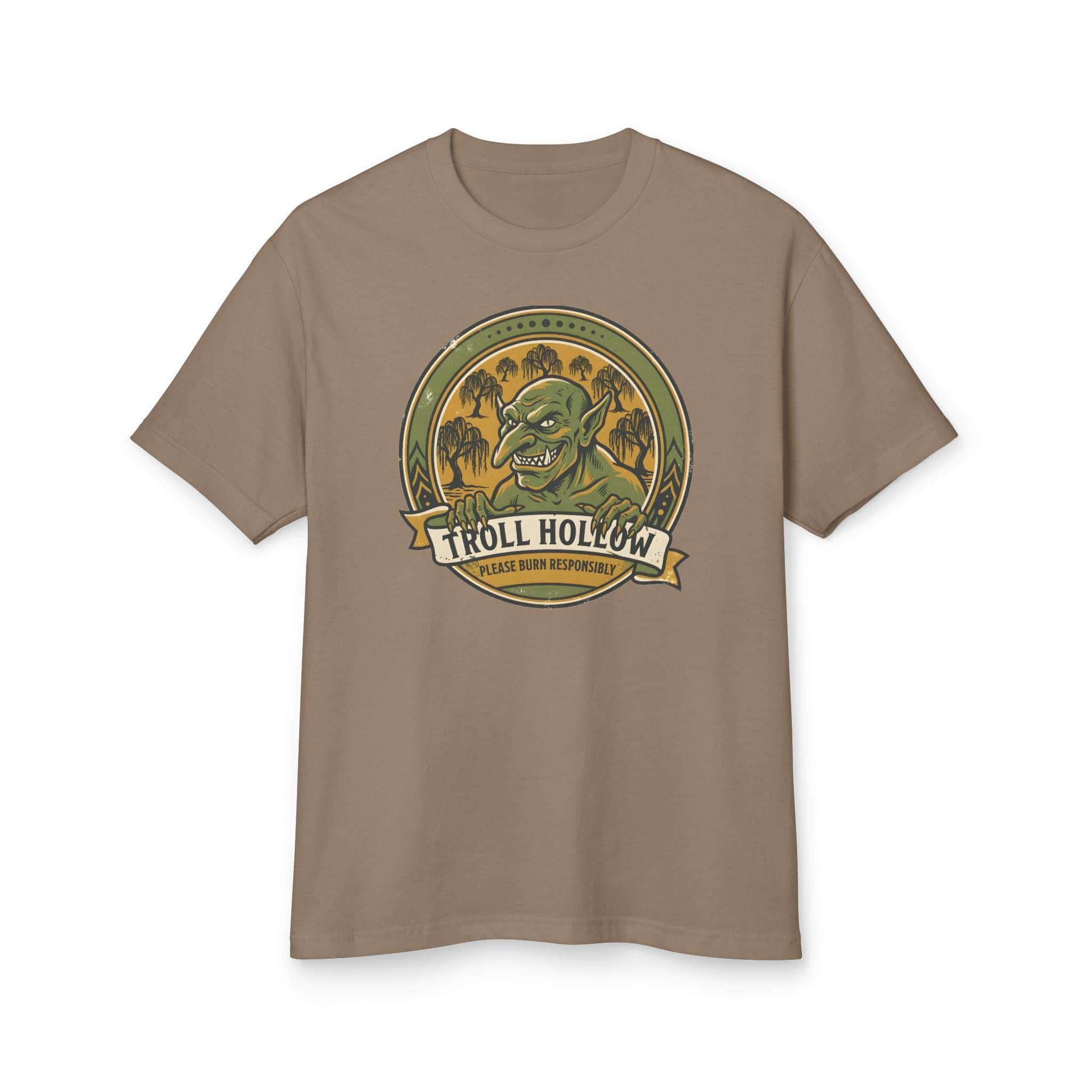 Photo 12 of 15: Vintage national park parody tee featuring a gangly swamp troll alongside a deadpan 'Please Burn Responsibly' fire warning for tabletop adventurers exploring monster-infested wetlands, front view