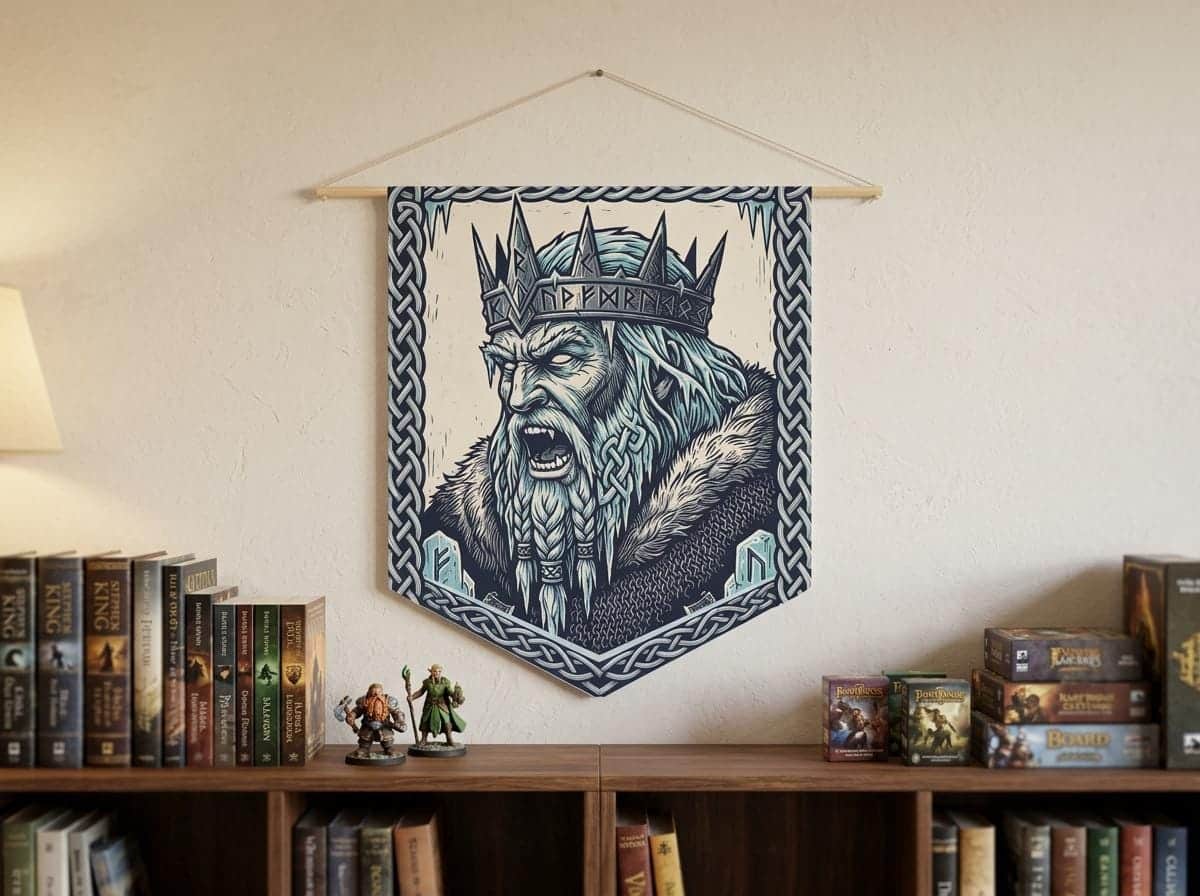 Photo 3 of 6: An authentic medieval heraldic banner featuring a fierce Frost Giant Jarl, shown on the wall above a bookshelf