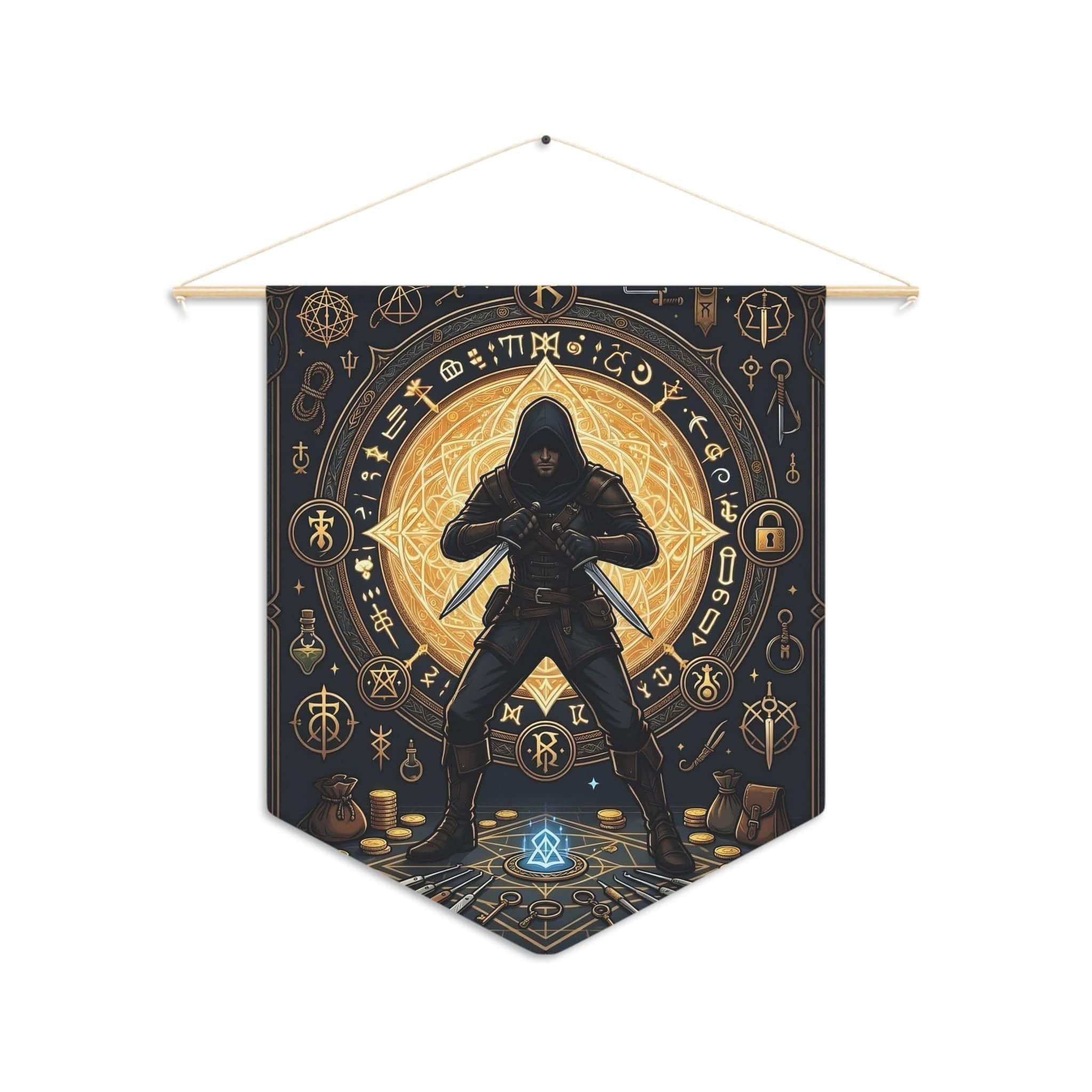 Photo 6 of 6: Cunning male human rogue illustration framed by shadowy arcane runes, twin daggers, and thieves' tools on a premium pennant, front view