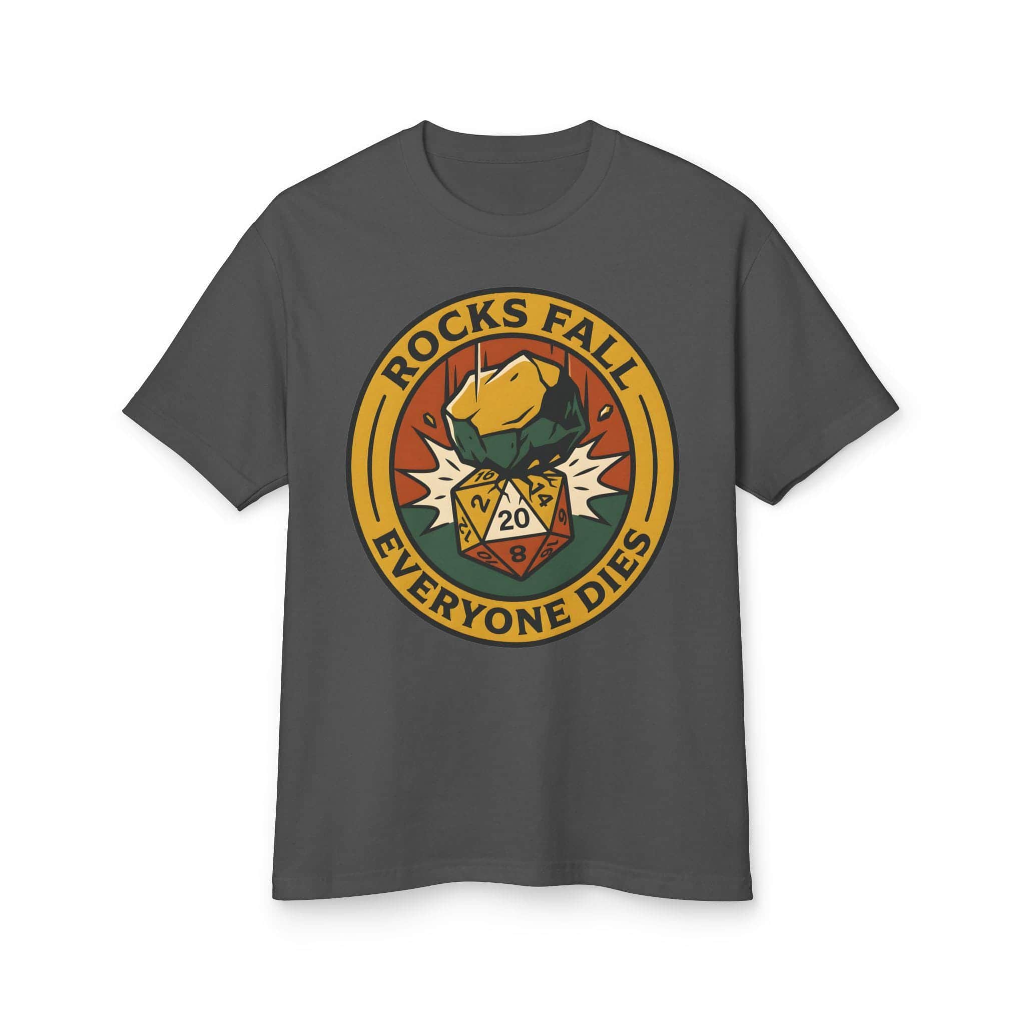 Photo 9 of 10: A deadpan tabletop in-joke graphic tee featuring a vintage national-park style emblem where a giant plummeting boulder crushes a d20 die, front view
