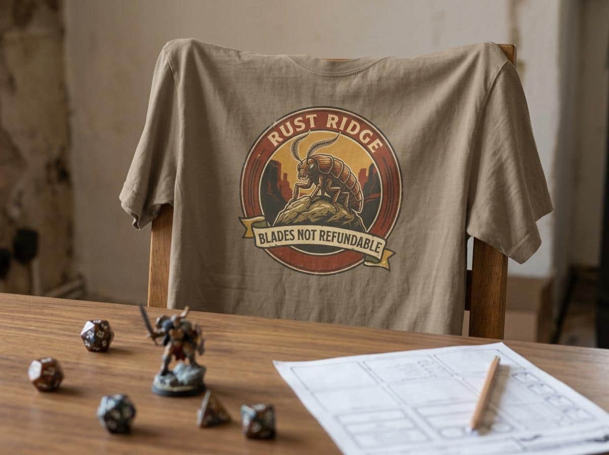 Photo 6 of 12: Vintage national park souvenir graphic tee featuring tabletop gaming's notorious metal-eating armored insectoid paired with a deadpan park ranger weapon warning for dungeon crawlers and roleplaying gamers, shown draped over a chair