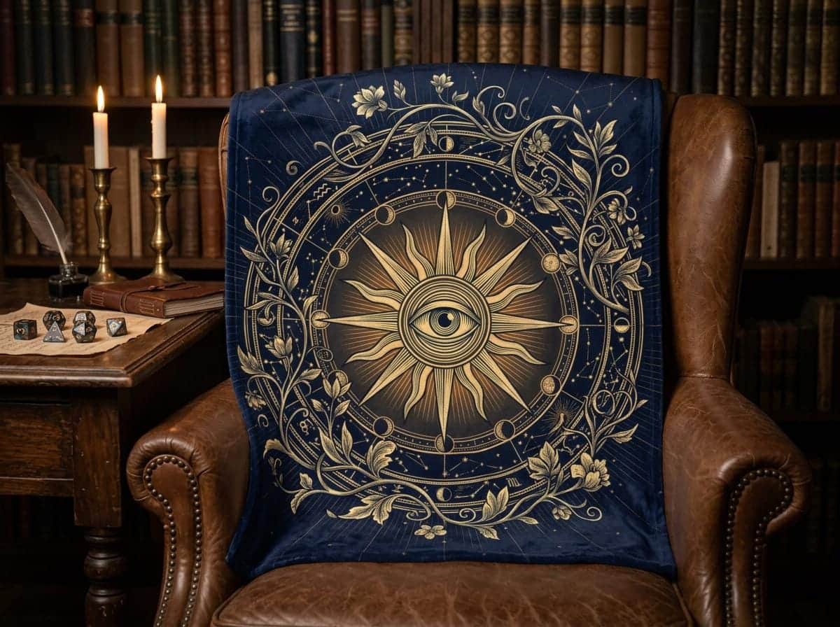 Photo 3 of 6: An atmospheric session throw designed to celebrate the party's unsung healer, featuring an intricate celestial divine emblem that transforms gaming nights into a cozy dark academia haven, shown draped over a study armchair