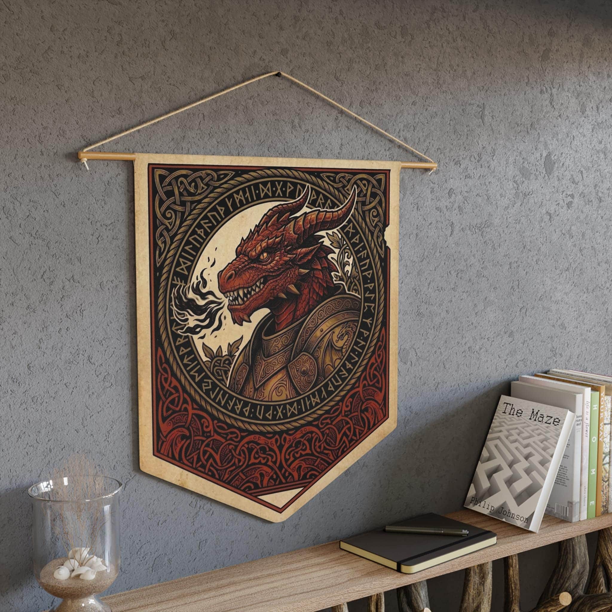 Photo 8 of 11: Vintage heraldic dragonborn warrior pennant flag designed to elevate RPG campaign corners and gaming battle stations with authentic medieval heraldry, in a room setting