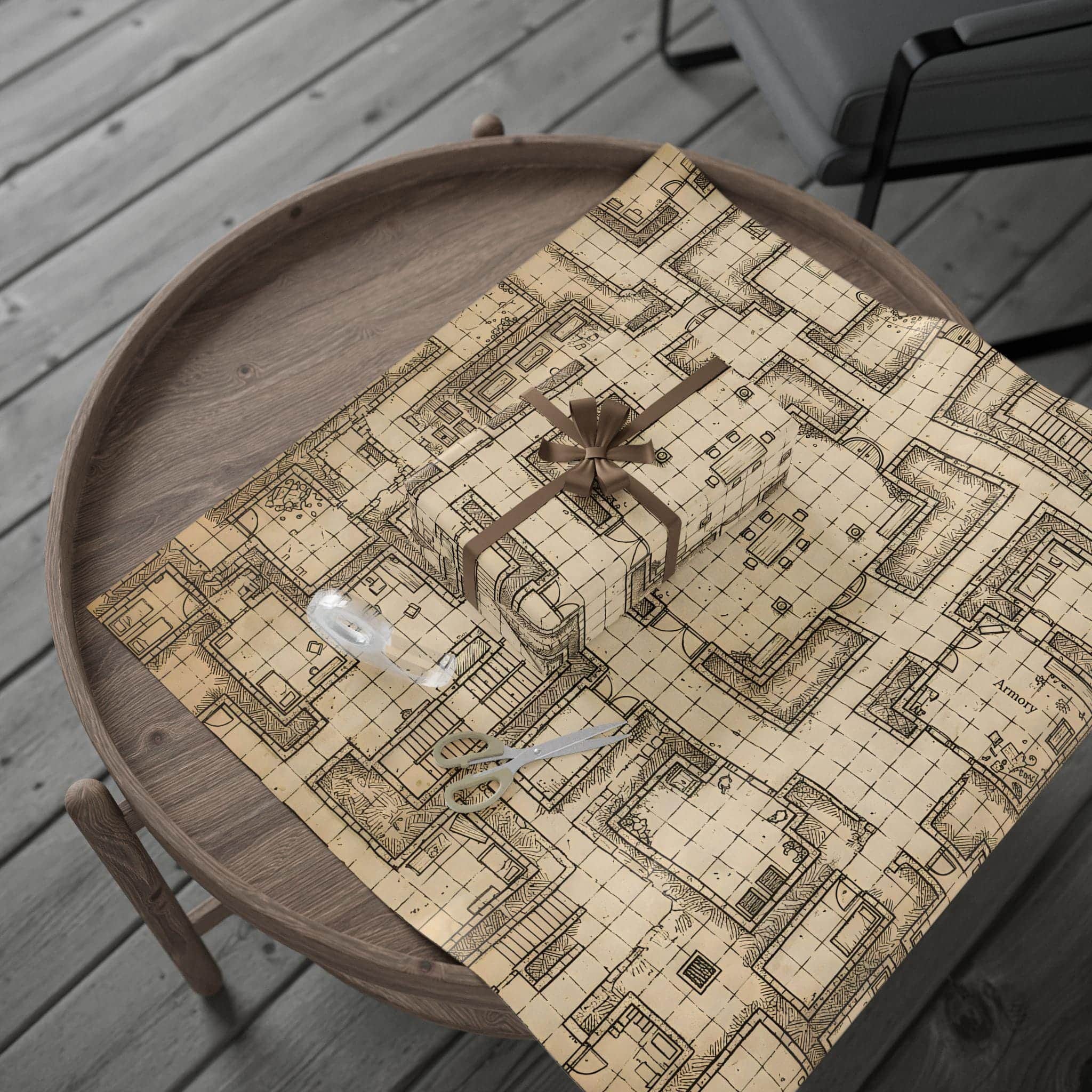 Photo 5 of 7: Turn rulebooks, dice, and miniatures into genuine campaign loot with wrapping paper that doubles as a detailed, playable hand-drawn parchment dungeon battlemap, in a room setting