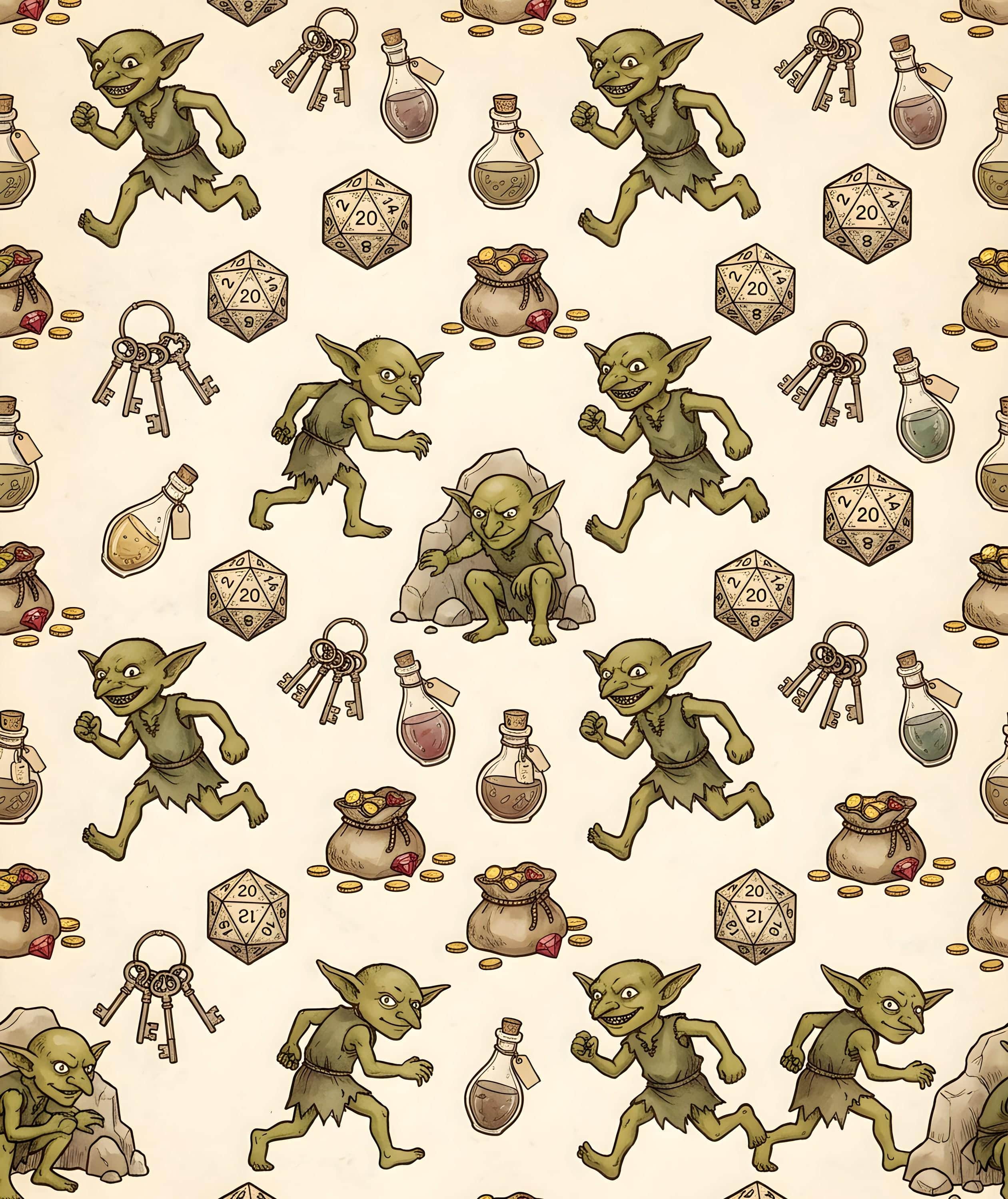 Photo 2 of 9: Delight your tabletop party with a seamless storybook pattern of mischievous loot-stealing goblins making off with polyhedral dice and shiny treasure, printed on wrapping paper, the complete printed design shown flat, the artwork