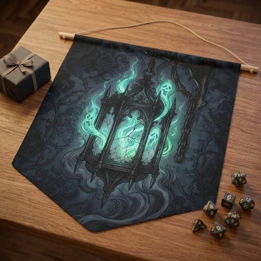 Photo 2 of 6: A dark fantasy gothic wall pennant showcasing a glowing spirit cage lantern, crafted as a moody Halloween game room centerpiece and campaign table backdrop, shown as a gift