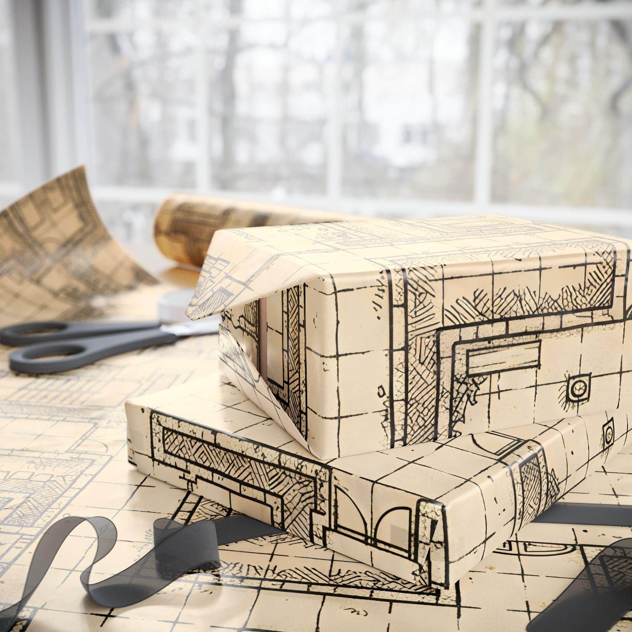 Photo 6 of 7: Turn rulebooks, dice, and miniatures into genuine campaign loot with wrapping paper that doubles as a detailed, playable hand-drawn parchment dungeon battlemap, in a room setting