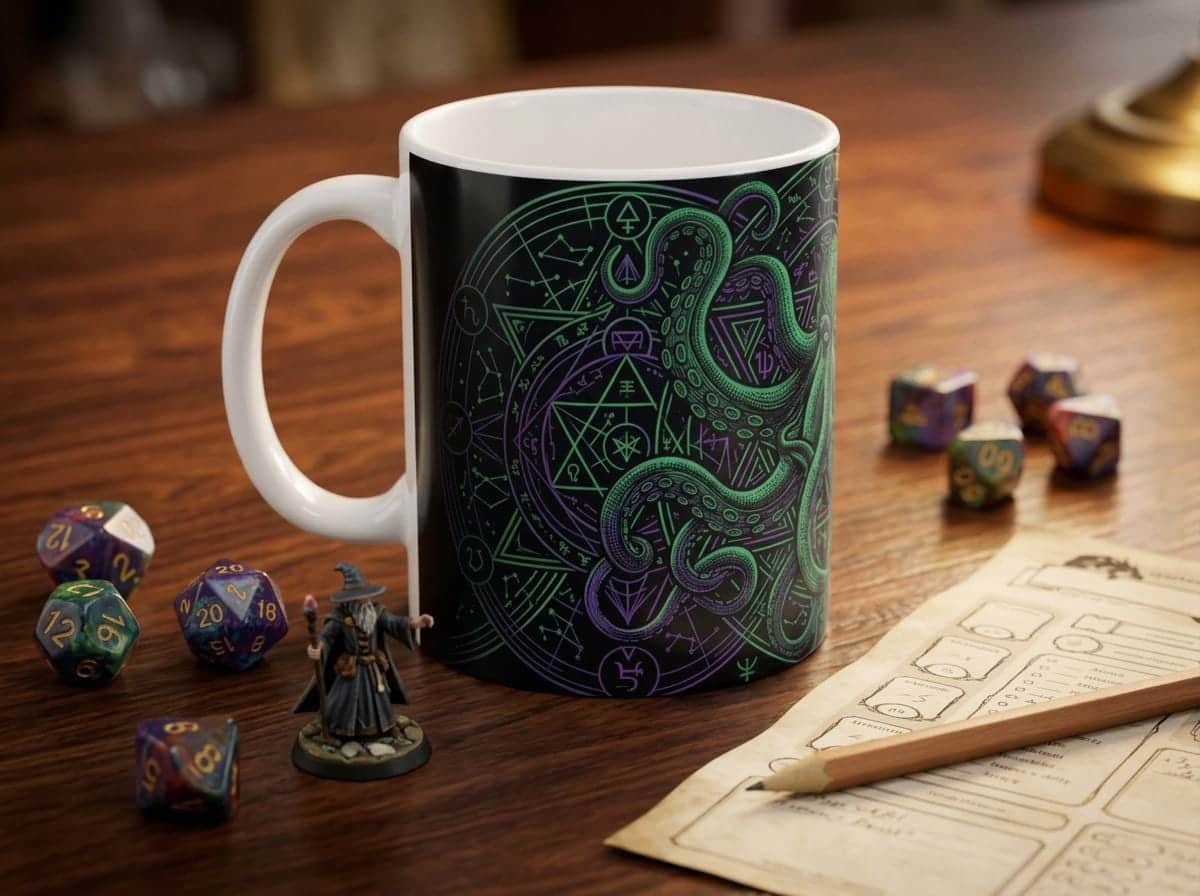 Photo 6 of 12: An atmospheric ceramic gaming mug emblazoned with an eldritch Great Old One patron crest, targeted at warlock players and dungeon masters fueling late-night campaign sessions, shown on the game table among dice and character sheets
