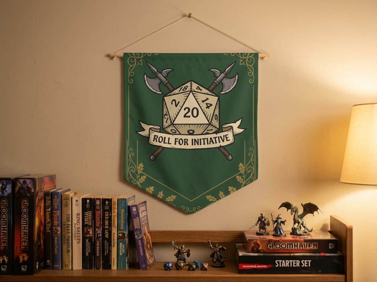 Photo 7 of 10: An authentic tavern-inspired heraldic battle cry banner designed to mark game room territory, solving the search for high-impact Dungeon Master appreciation and game night housewarming gifts, shown on the wall above a bookshelf