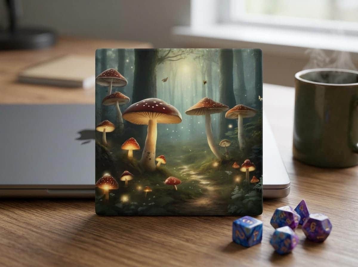 Photo 4 of 6: A set of coasters featuring an enchanted forest scene, shown on a desk