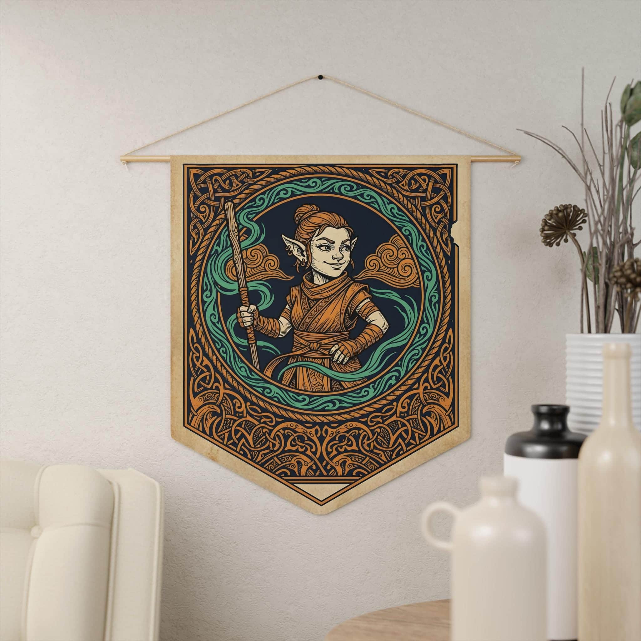 Photo 7 of 9: Vintage heraldic gnome monk pennant flag designed to elevate RPG campaign corners and gaming battle stations with authentic medieval heraldry and serene martial ki, in a room setting