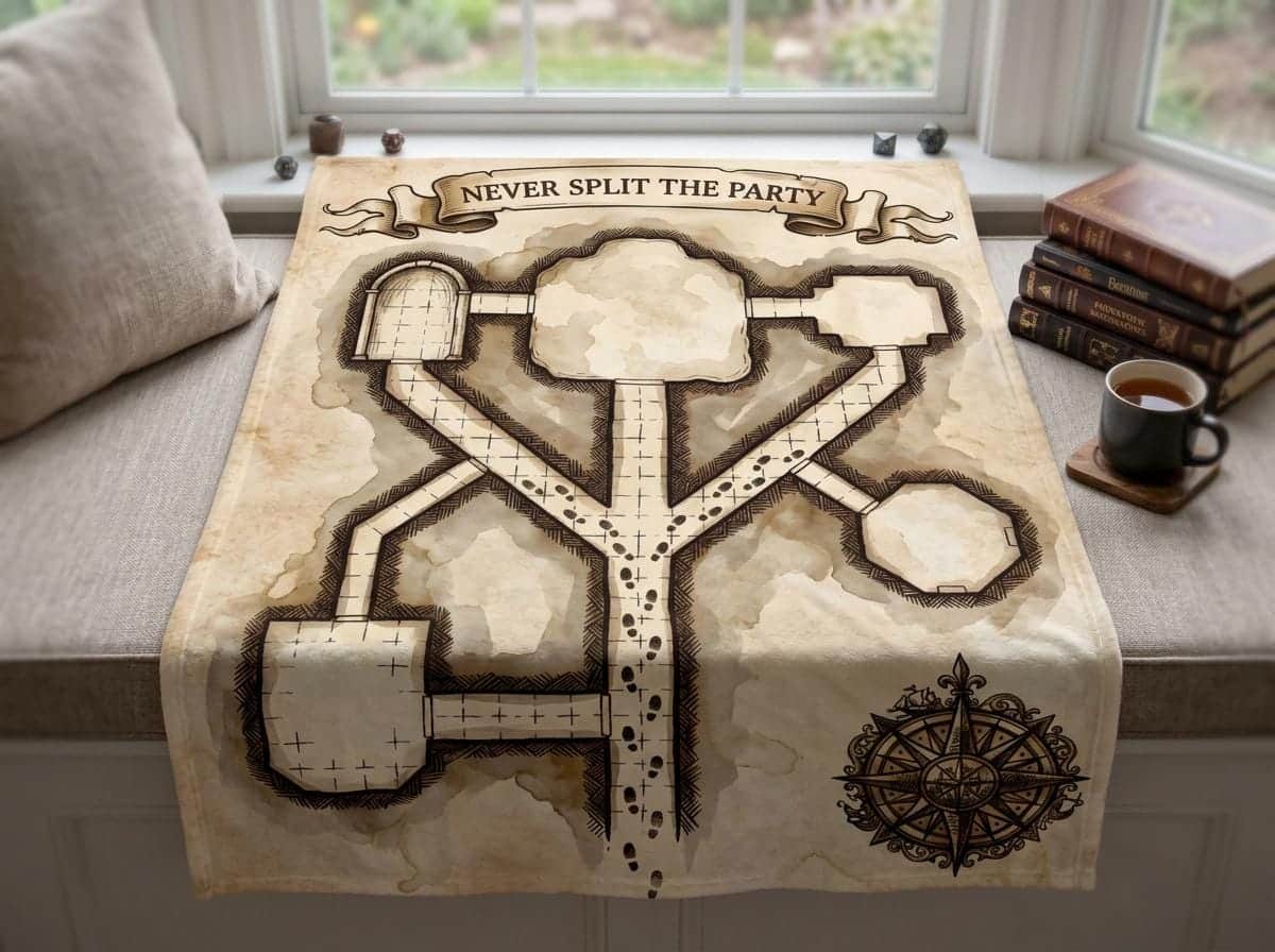Photo 1 of 4: Turn tabletop disaster into cozy game room comfort with an aged parchment dungeon map throw blanket that immortalizes the cardinal rule of adventuring, shown in a reading nook