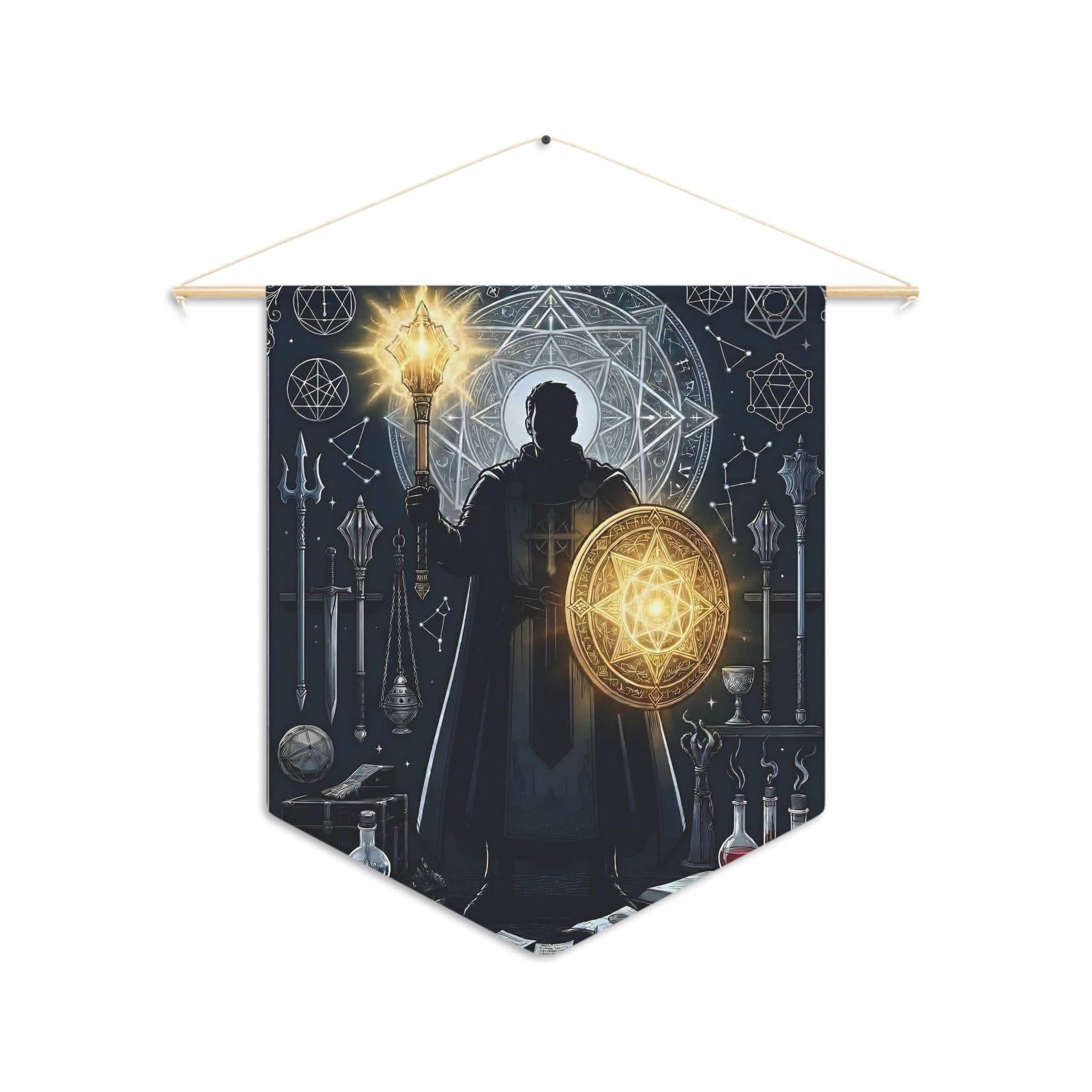 Photo 6 of 6: Radiant male human cleric illustration framed by a glowing divine mandala and holy relics, printed on a pennant, front view