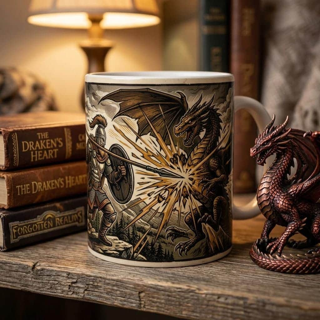 Photo 4 of 5: A dramatic campaign-climax coffee cup capturing the triumphant monster-slaying strike every DM and player lives for, shown on a shelf