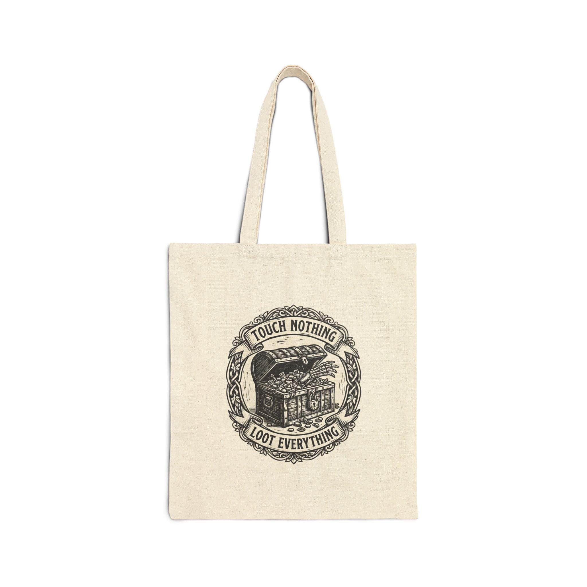 Photo 6 of 7: Sturdy canvas tote bag featuring an ironic greed warning for tabletop adventurers hauling heavy rulebooks, dice trays, and campaign binders to game night, front view
