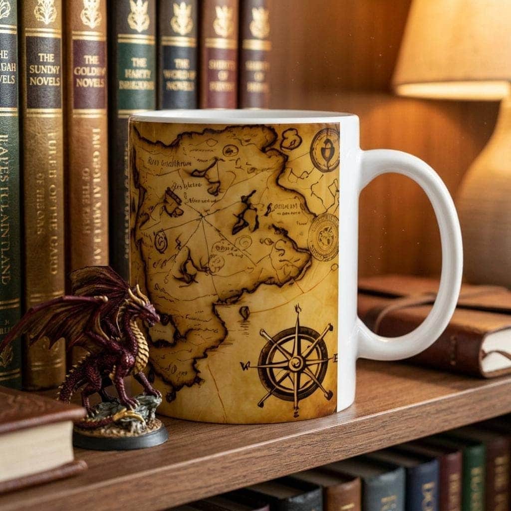 Photo 4 of 10: Unleash your inner adventurer with this detailed treasure map mug, shown on a shelf