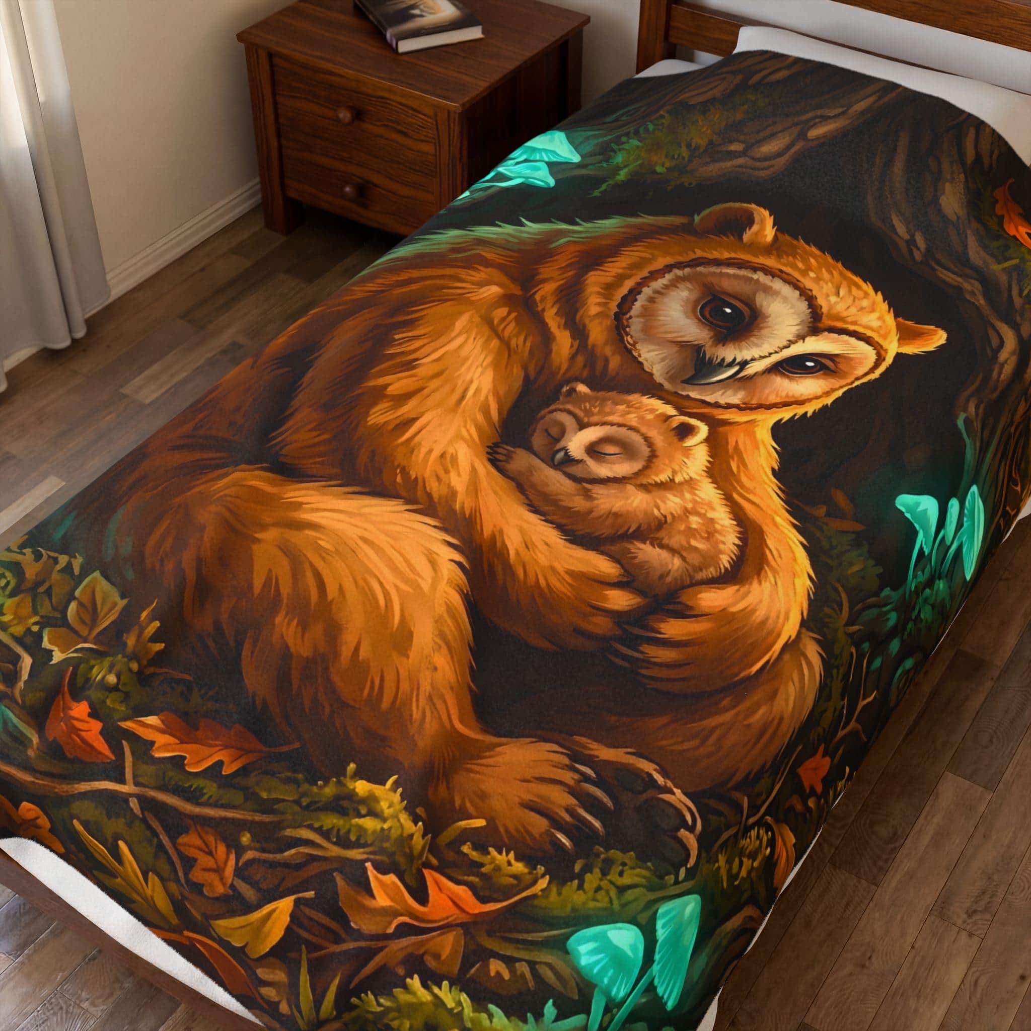 Photo 6 of 10: An ultra-soft velveteen reading blanket portraying a protective mother owlbear curled around her cub in a glowing forest hollow, in a room setting