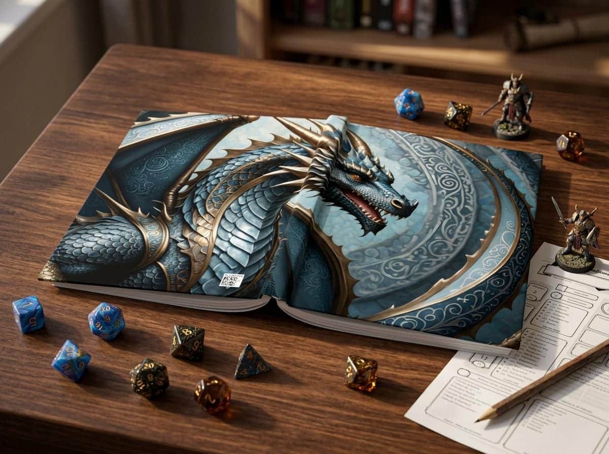 Photo 6 of 8: A journal with designs inspired by tabletop roleplaying characters, extending the proven 'dnd' theme, shown on the game table among dice and character sheets