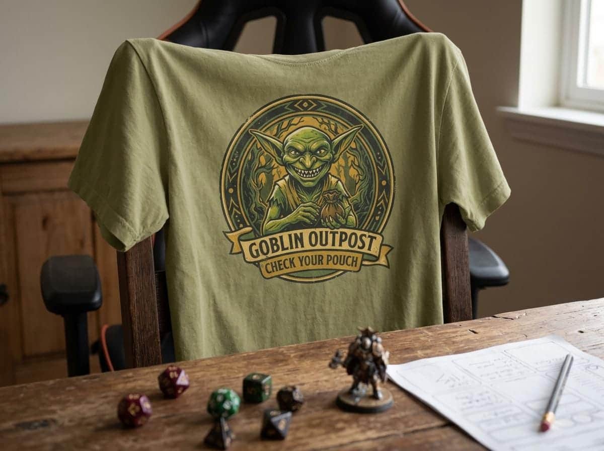 Photo 8 of 14: Deadpan national park style graphic tee warning tabletop adventurers to guard their coin pouches from grinning goblin scavengers, shown draped over a chair