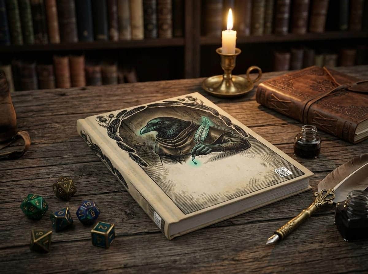 Photo 2 of 5: Hardcover fantasy campaign notebook designed as an arcane Kenku scrivener's tome, shown on a desk beside a quill and ink