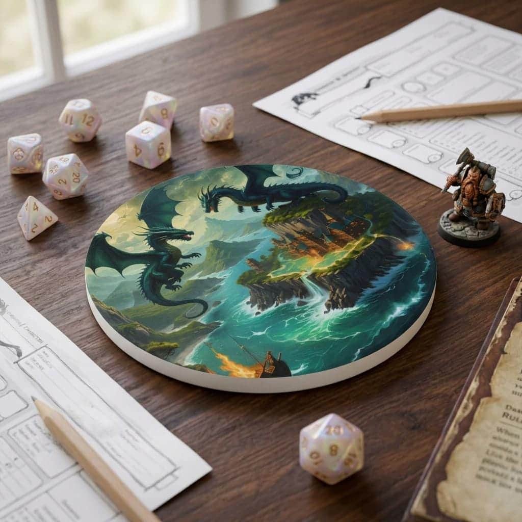 Photo 4 of 6: Majestic dragons flying over an island castle as a ship approaches the shore, printed on a coaster, shown on the game table among dice and character sheets