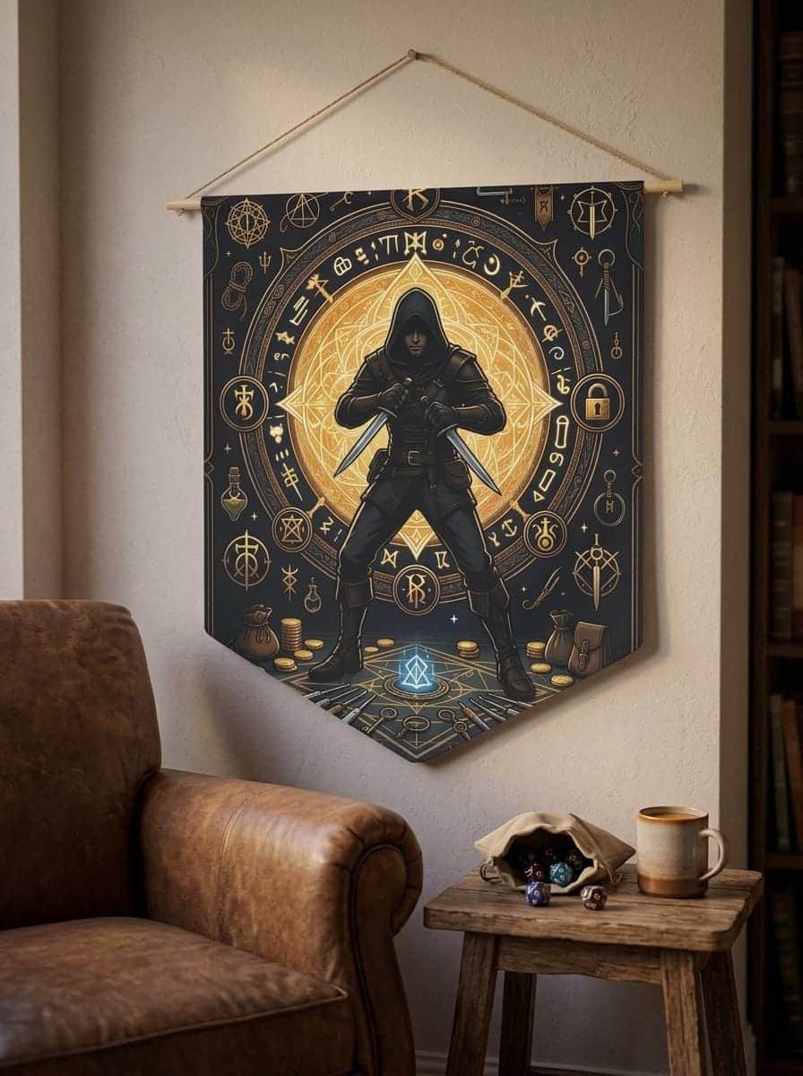 Photo 3 of 6: Cunning male human rogue illustration framed by shadowy arcane runes, twin daggers, and thieves' tools on a premium pennant, shown in a cosy den corner