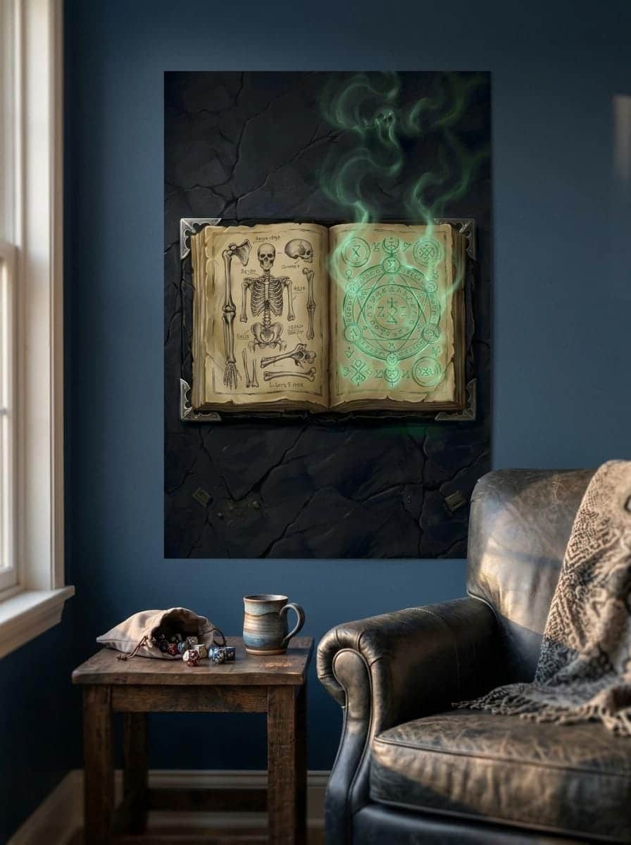 Photo 3 of 5: An eerie, high-impact dark fantasy art print that turns a gaming room or desk nook into an arcane sanctuary, shown in a cosy den corner