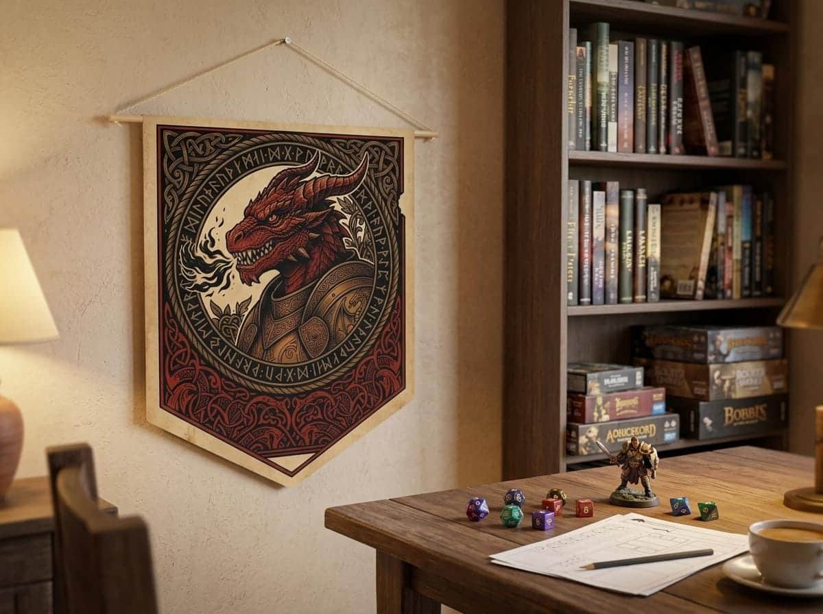Photo 2 of 11: Vintage heraldic dragonborn warrior pennant flag designed to elevate RPG campaign corners and gaming battle stations with authentic medieval heraldry, shown on a game room wall