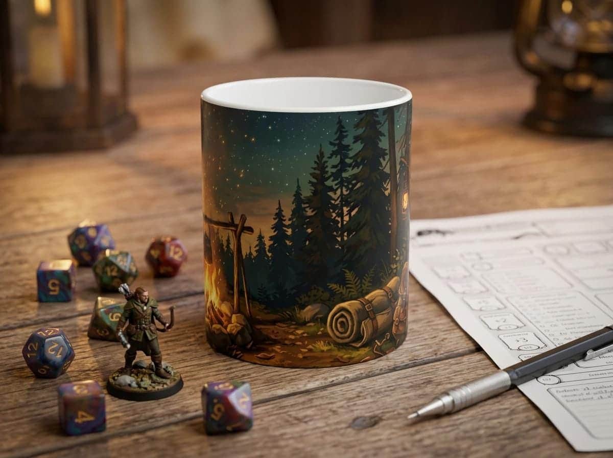 Photo 5 of 8: A cozy Long Rest themed fantasy ceramic coffee mug designed for tabletop adventurers and DMs to recharge between campaign encounters, shown on the game table among dice and character sheets