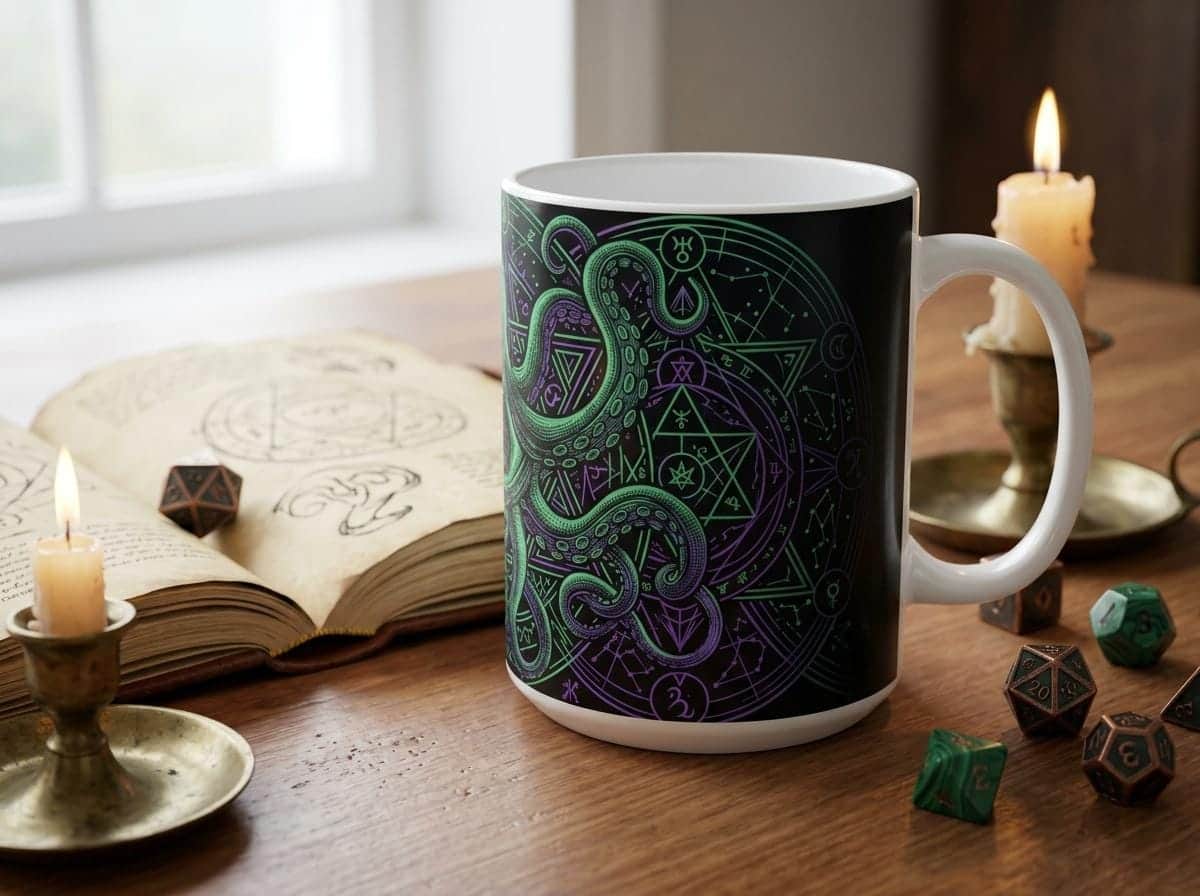 Photo 3 of 12: An atmospheric ceramic gaming mug emblazoned with an eldritch Great Old One patron crest, targeted at warlock players and dungeon masters fueling late-night campaign sessions, shown on a desk beside an open rulebook