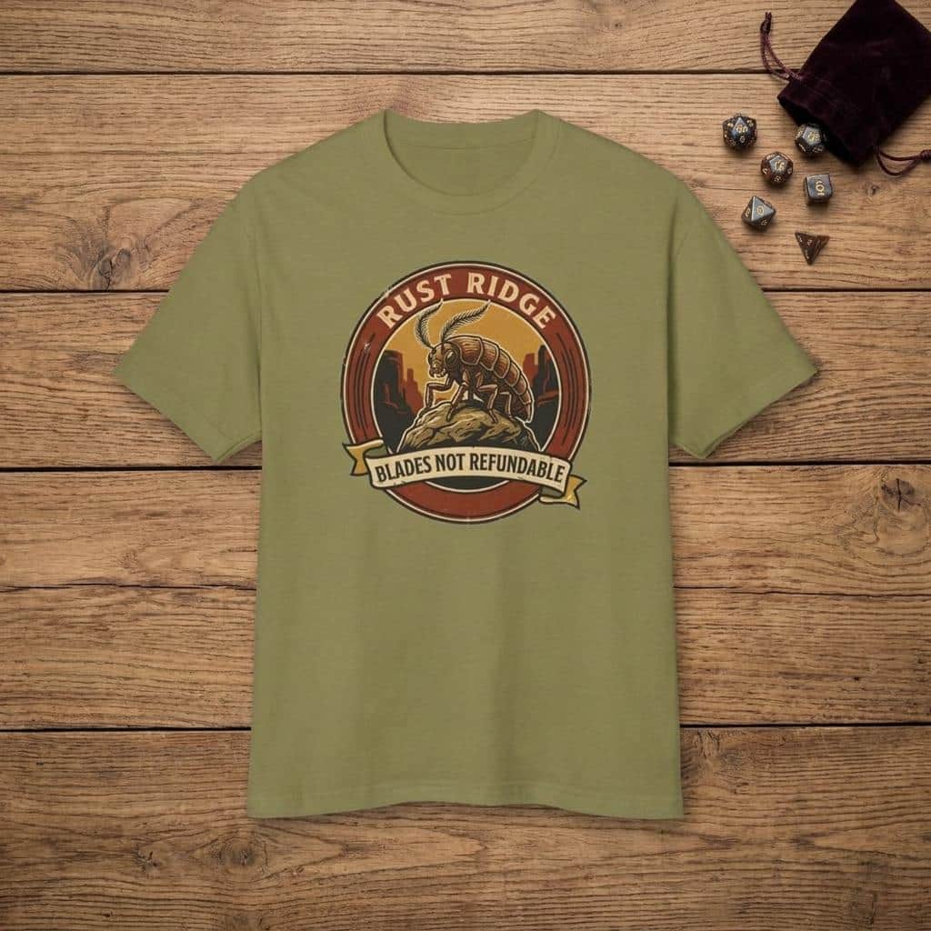 Photo 2 of 12: Vintage national park souvenir graphic tee featuring tabletop gaming's notorious metal-eating armored insectoid paired with a deadpan park ranger weapon warning for dungeon crawlers and roleplaying gamers, shown laid flat among dice