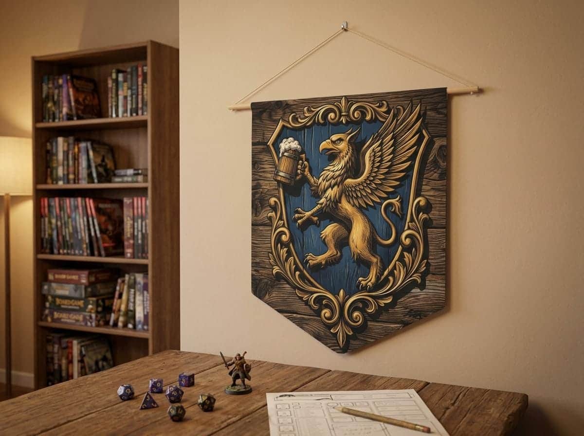 Photo 3 of 7: A vintage woodblock tavern emblem that turns a gaming room or basement into a fantasy alehouse, printed on a pennant, shown on a game room wall