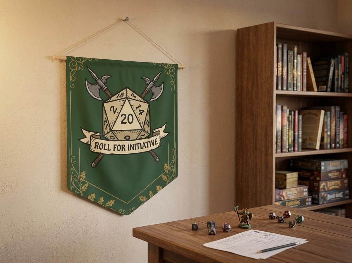 Photo 5 of 10: An authentic tavern-inspired heraldic battle cry banner designed to mark game room territory, solving the search for high-impact Dungeon Master appreciation and game night housewarming gifts, shown on a game room wall