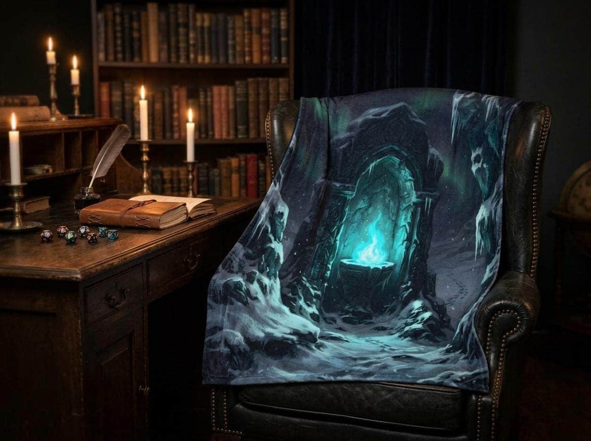 Photo 2 of 4: Plush velveteen fleece throw blanket depicting a secluded snowy alpine sanctuary with a glowing arcane brazier, shown draped over a study armchair