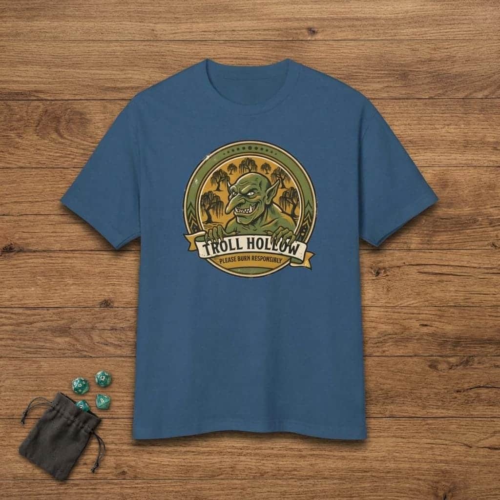 Photo 7 of 15: Vintage national park parody tee featuring a gangly swamp troll alongside a deadpan 'Please Burn Responsibly' fire warning for tabletop adventurers exploring monster-infested wetlands, shown laid flat among dice