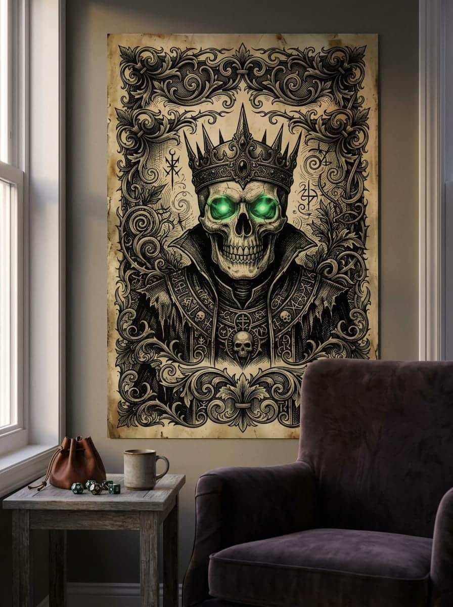 Photo 2 of 6: An in-world weathered bounty placard depicting an ancient skeletal sorcerer, shown in a cosy den corner