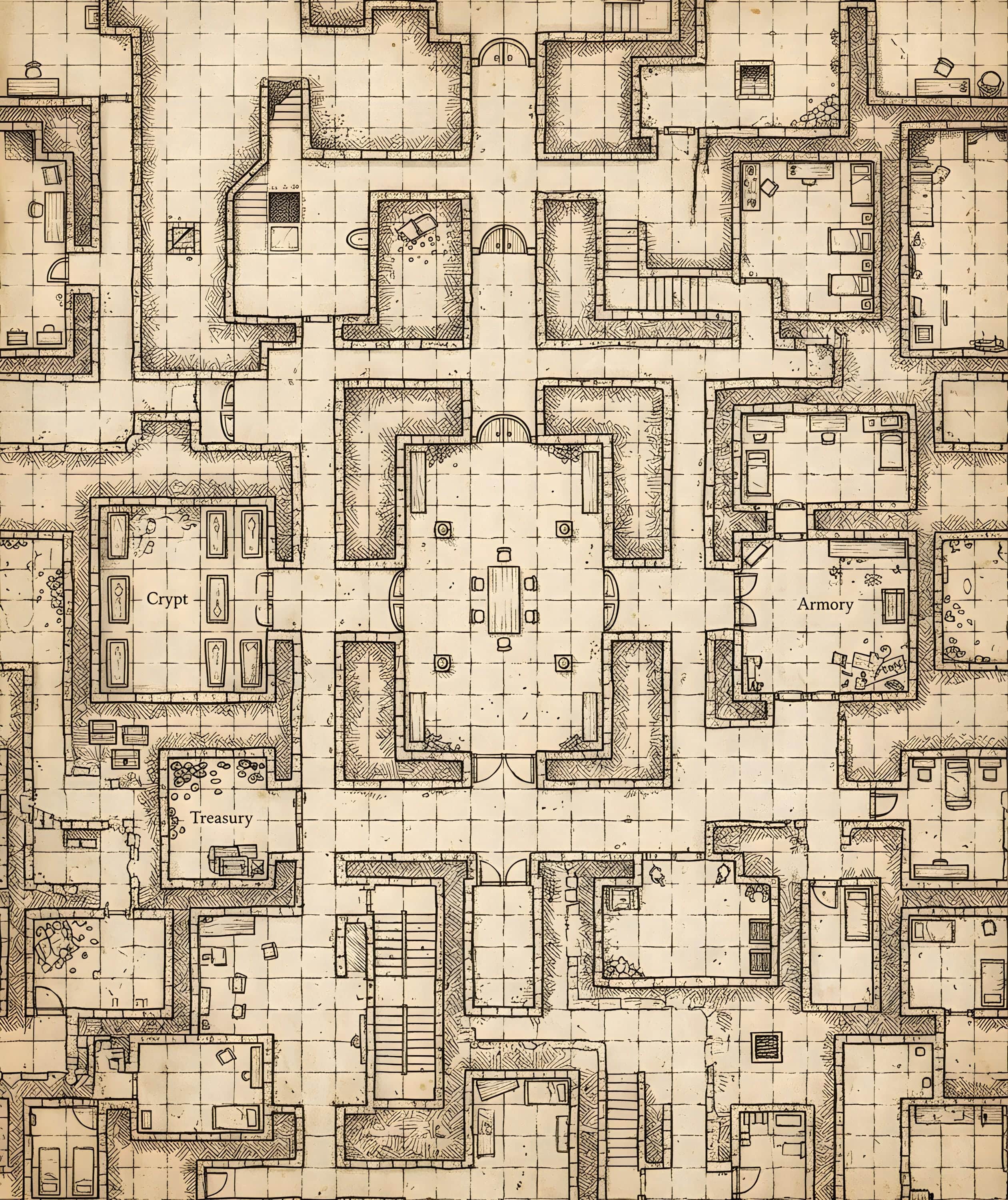 Photo 7 of 7: Turn rulebooks, dice, and miniatures into genuine campaign loot with wrapping paper that doubles as a detailed, playable hand-drawn parchment dungeon battlemap, the complete printed design shown flat, the artwork