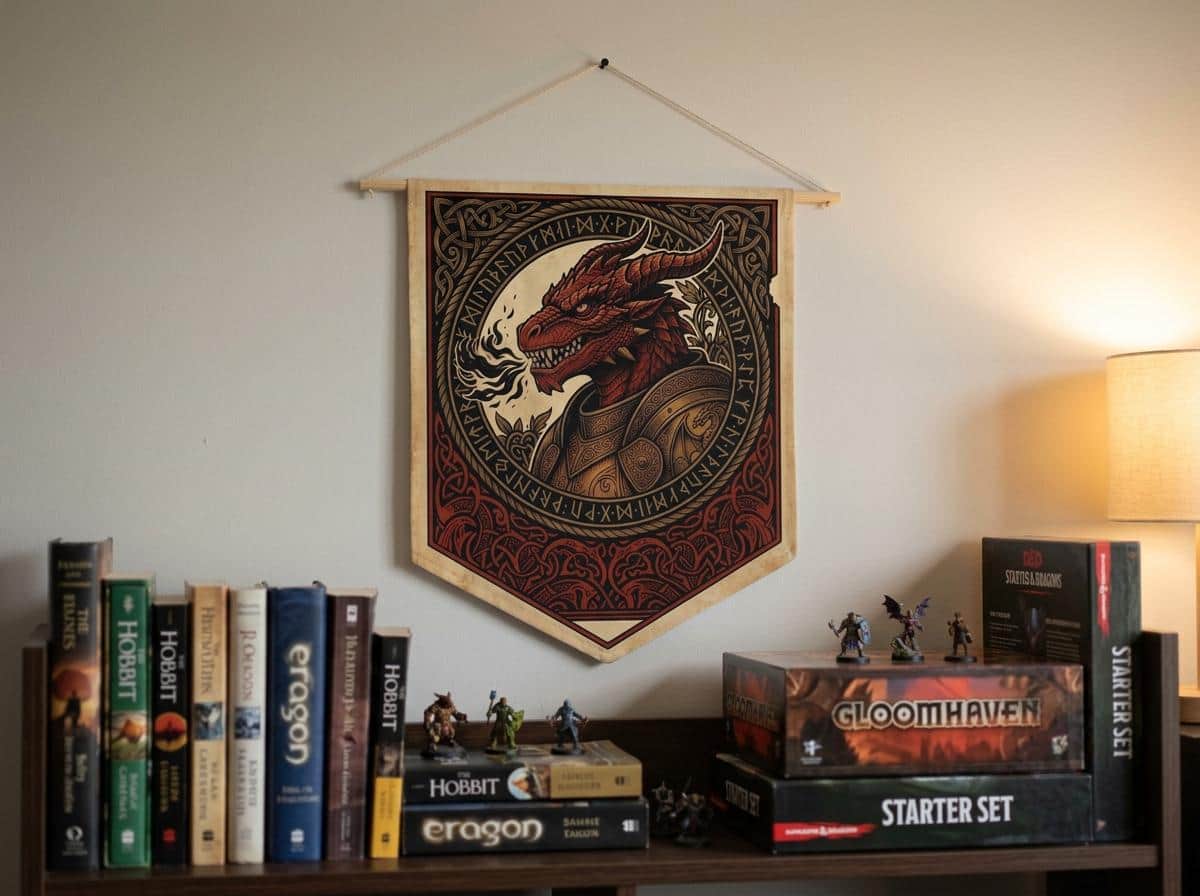 Photo 5 of 11: Vintage heraldic dragonborn warrior pennant flag designed to elevate RPG campaign corners and gaming battle stations with authentic medieval heraldry, shown on the wall above a bookshelf