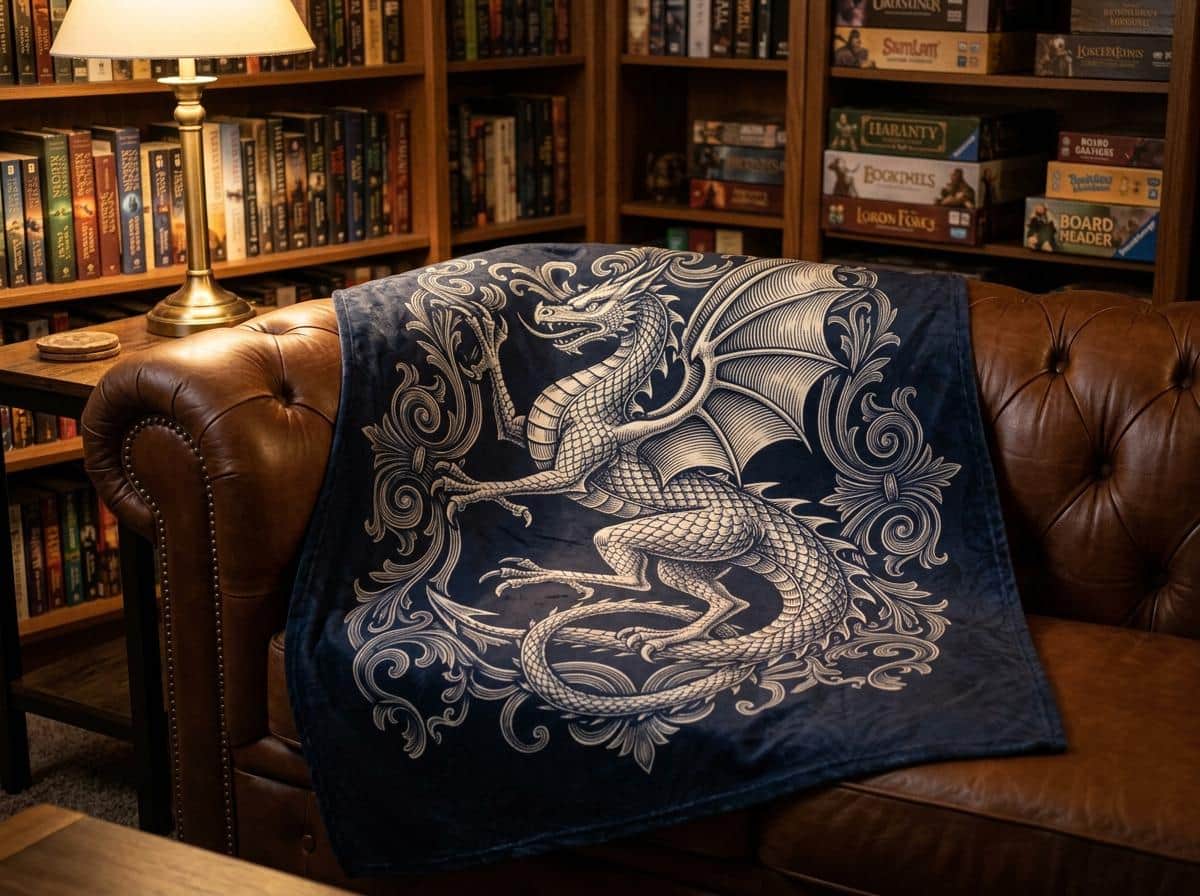 Photo 3 of 8: Transform your reading nook or tabletop session with a plush velveteen throw designed as an authentic medieval faction standard, shown on a game room couch