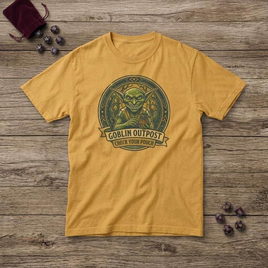 Photo 6 of 14: Deadpan national park style graphic tee warning tabletop adventurers to guard their coin pouches from grinning goblin scavengers, shown laid flat among dice