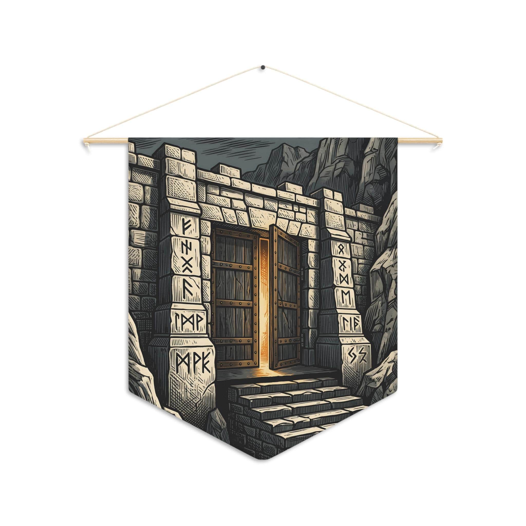 Photo 5 of 5: A tapered heraldic wall banner featuring a monumental dwarven mountain fortress gate etched in gold and slate linocut, front view