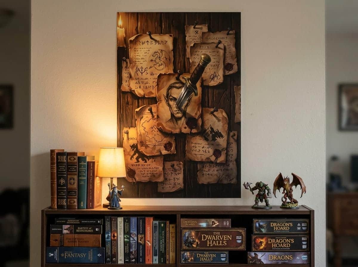 Photo 3 of 7: Transforms any room into a life-sized adventurer's tavern bulletin board pinned with scorched quest contracts, crimson wax seals, and an embedded iron dagger, printed on a poster, shown on the wall above a bookshelf