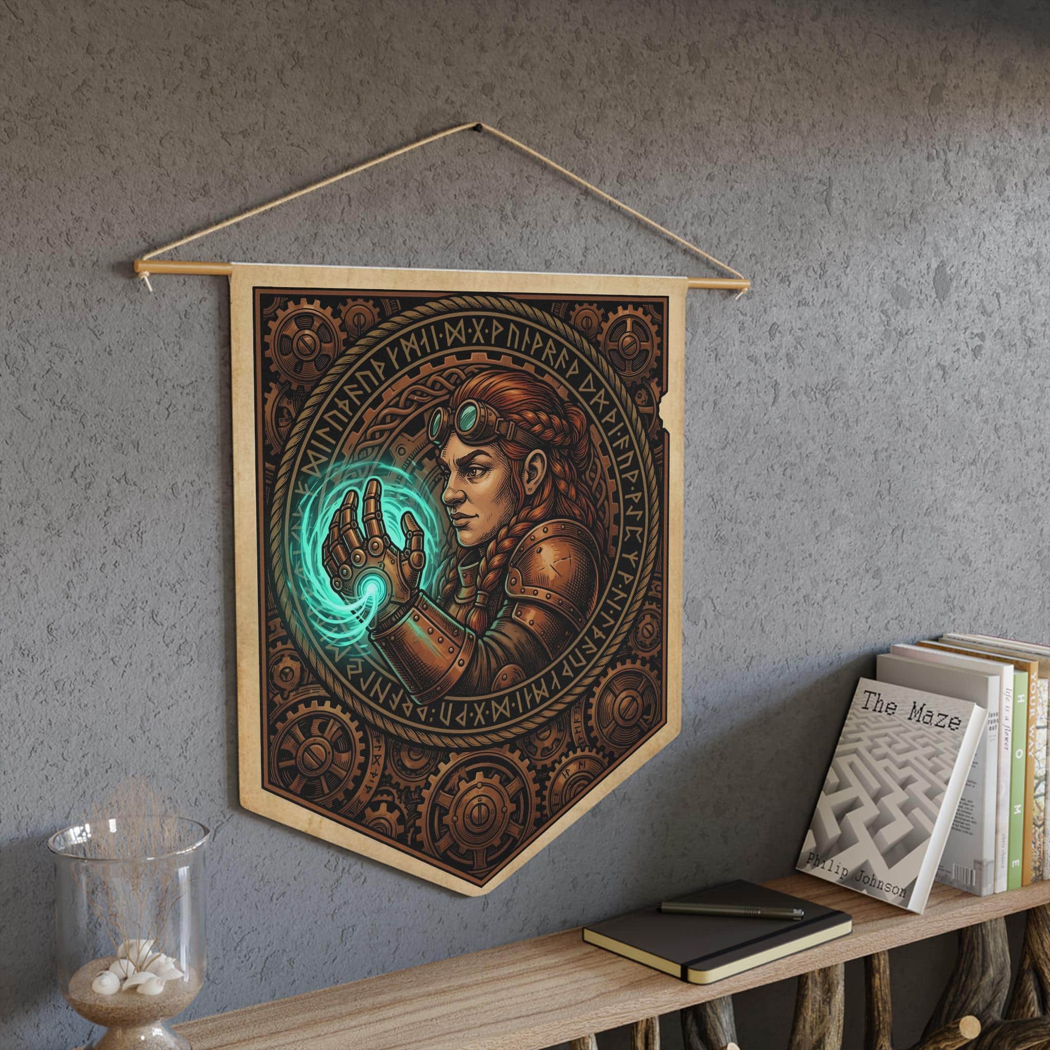 Photo 7 of 10: Vintage heraldic dwarf artificer pennant flag designed to elevate RPG campaign corners and gaming battle stations with authentic magical engineering heraldry, in a room setting