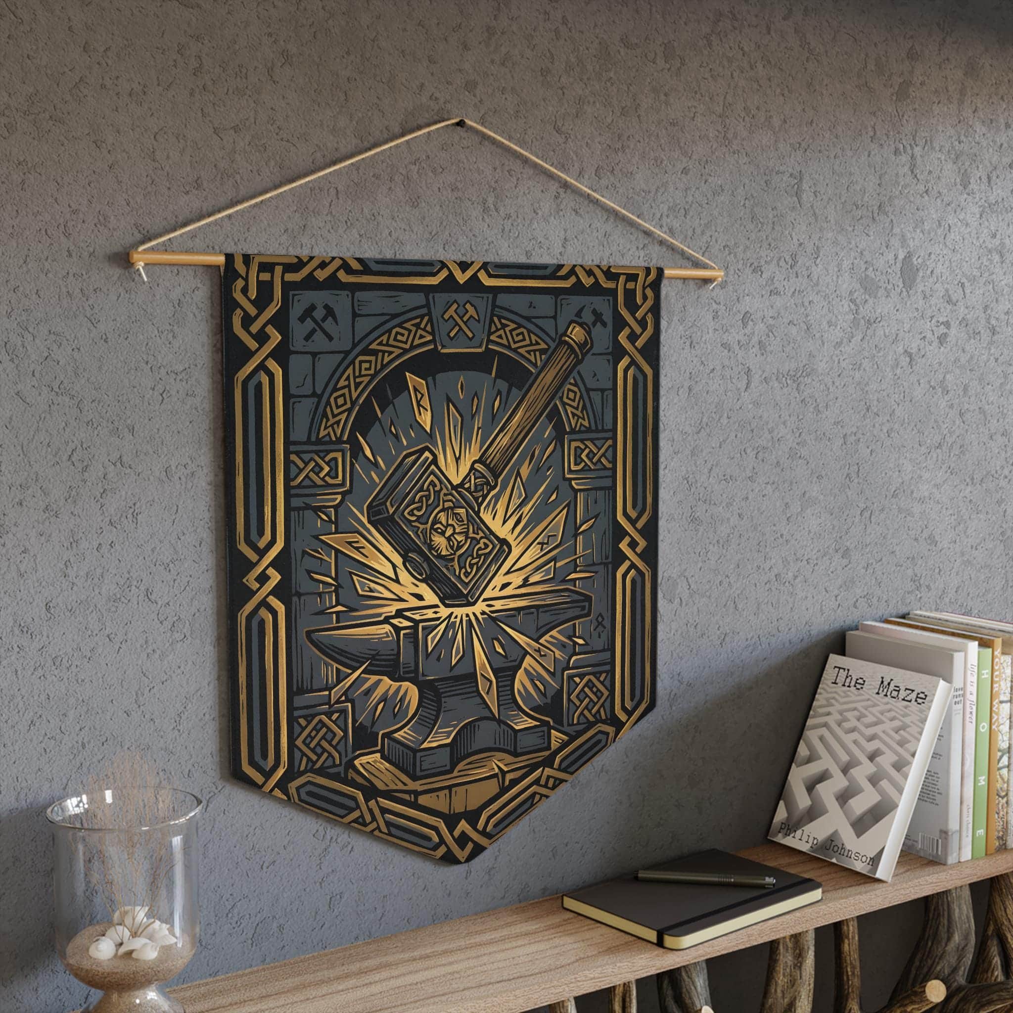 Photo 5 of 6: Heraldic felt wall hanging featuring an ancient dwarven clan forge emblem, printed on a pennant, in a room setting