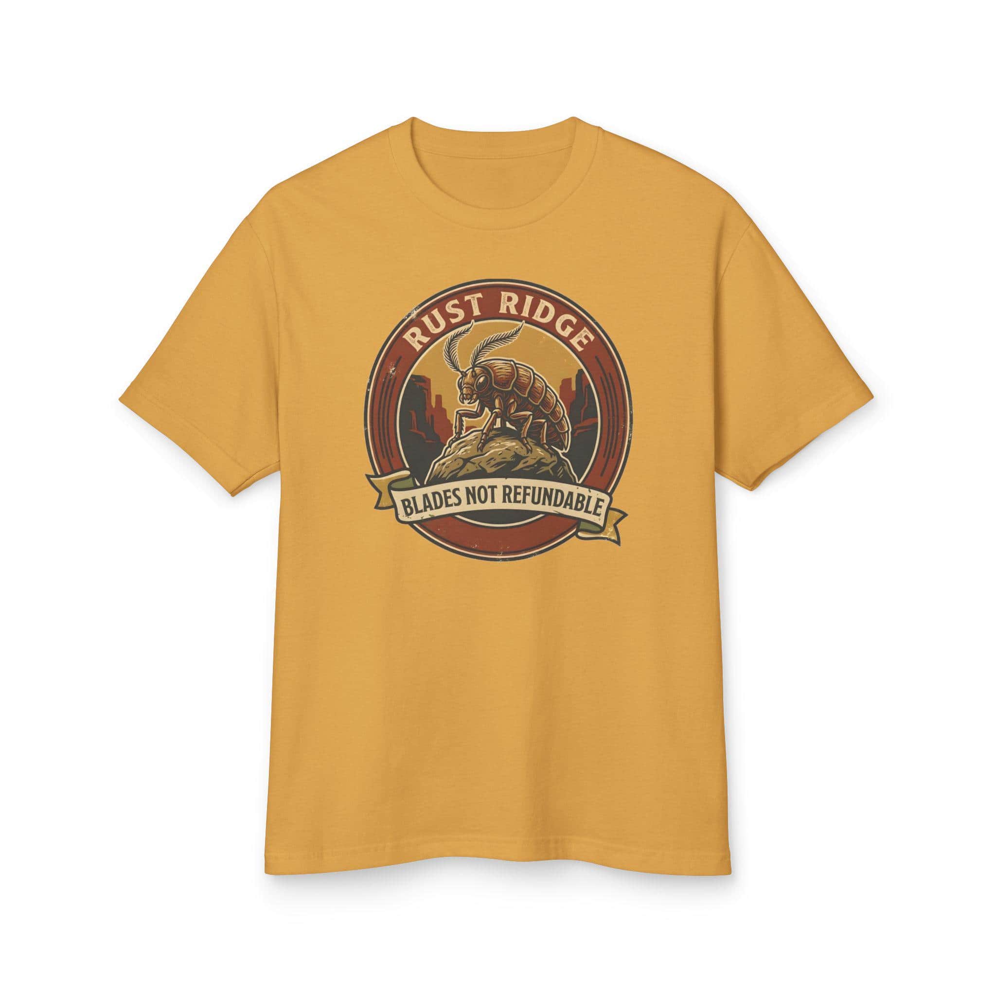 Photo 8 of 12: Vintage national park souvenir graphic tee featuring tabletop gaming's notorious metal-eating armored insectoid paired with a deadpan park ranger weapon warning for dungeon crawlers and roleplaying gamers, front view