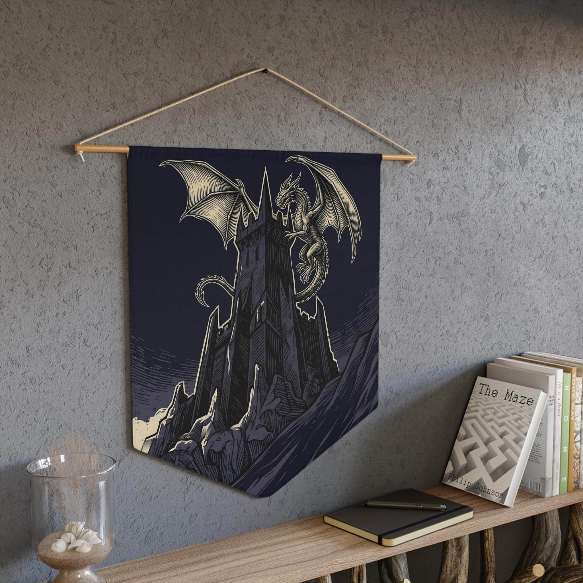 Photo 5 of 7: Triangular gothic wall banner featuring a towering obsidian fortress framed by celestial heraldry, in a room setting